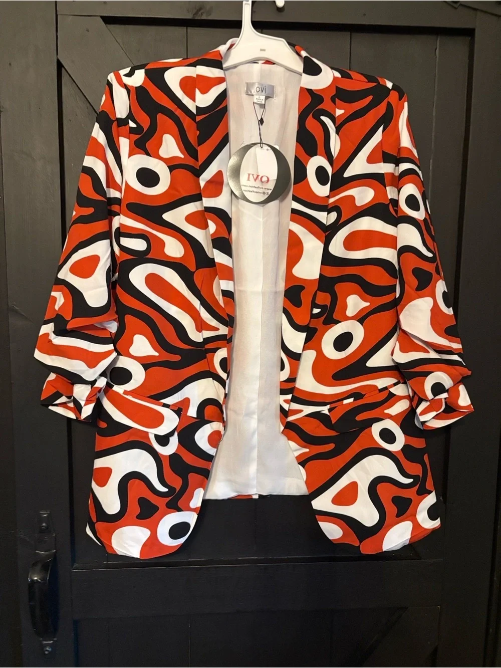 Ovi Open-Front Blazer in Red, Black & White Abstract Print